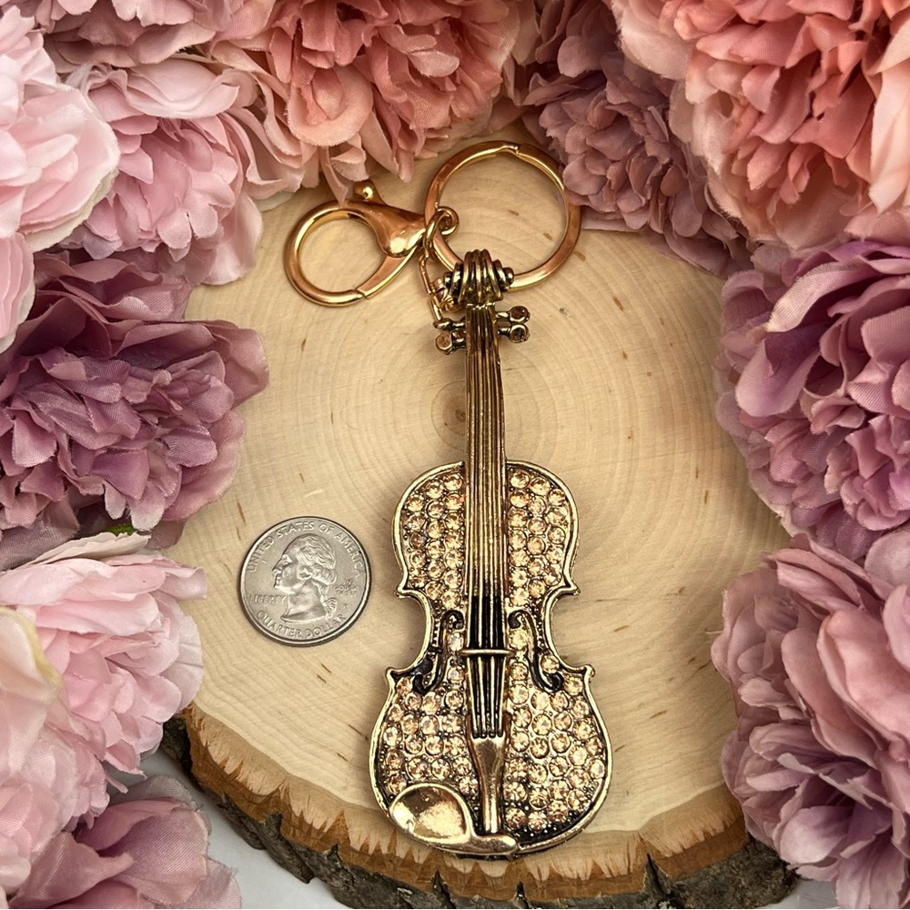 Beautiful Antiqued Gold and Crystal Viola Keychain Charm - Picture 11 of 13